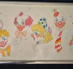 VTG SIGNED RICK ST. DENNIS 1981 ORIGINAL PENCIL ON PAPER PAINTING CLOWNS FRAMED