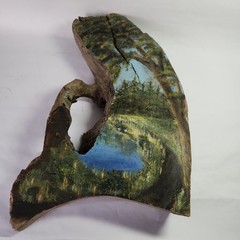 Vtg Hand Painted Wood Live Edge Slab Mountain Scenery Art Woodland Scene w/Pond