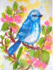 ACEO Little BLUE BIRD ON A FLOWER TREE BRANCH Painting ART