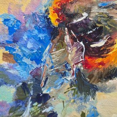 An original, autographed painting in a frame. Bumblebee, 4×4 inches