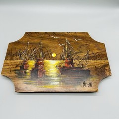 Vintage MCM Matson Fishing Boats Painting On Plaque 13 x 9 Inches Signed