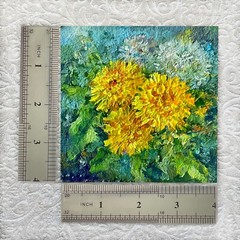 Original Oil Painting Dandelions Yellow Spring Flowers Impasto 4inx4in Signed OS