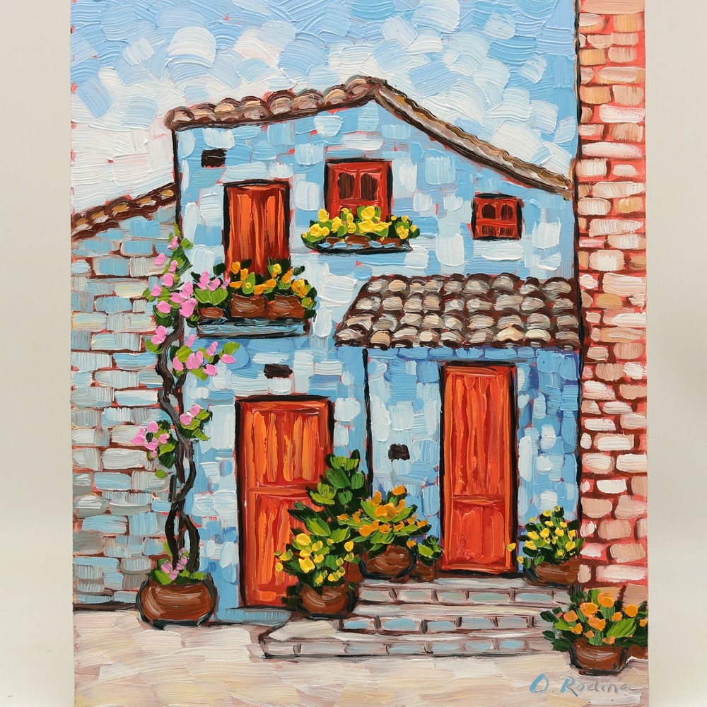 Original Oil Painting Provence Charming Cottage with Flower Street Scene Country