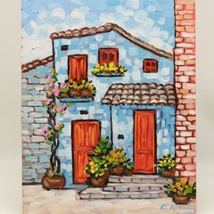 Original Oil Painting Provence Charming Cottage with Flower Street Scene Country