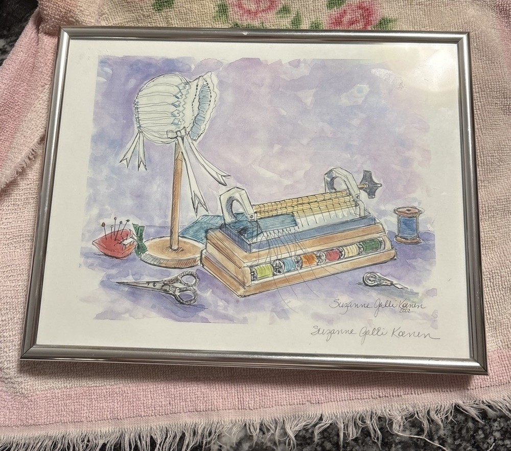 Sewing Water Color Print By Suzanne Galli Koener Framed 8”x11” Cottage Granny