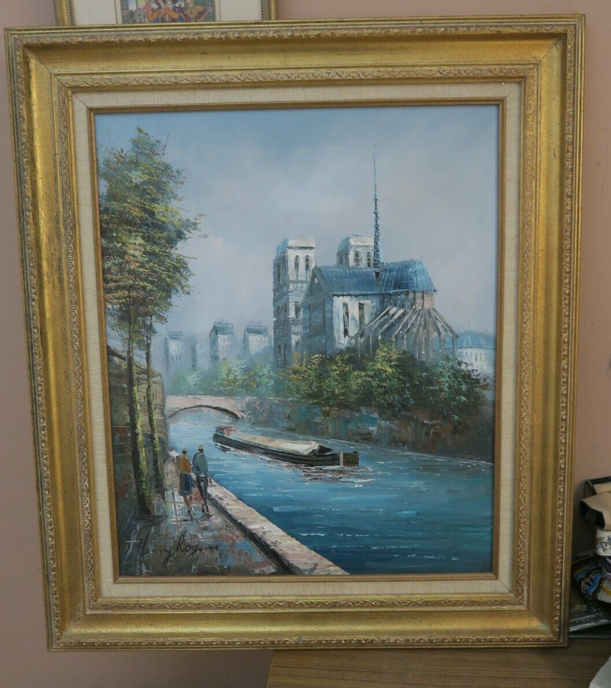 Vintage Signed Henry Rogers Oil Canvas Painting 20″x24″ Framed Notre Dame Paris