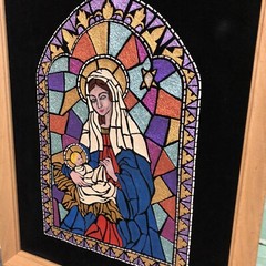 VTG Hand Painted Virgin Mary Baby Jesus Framed Velvet Painting Metallic Mosaic