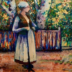 Vintage Framed Figurative Oil on Board „Woman in the Garden“ By Donald Roy Purdy