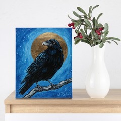 Original Oil Painting Raven, Crow Gold Moon, Black Bird Art on Canvas 8×10 inch.