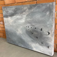 Vintage 80s Gray Black Birds Clouds Oil Painting Modern Art Wall Hanging Kistler