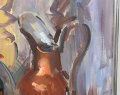 22×28 Mid Century Vintage Oil Painting Still Life Fruit Watermelon Wine Bottle