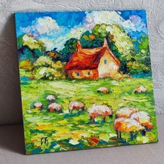 original oil painting Irish Cottage Sheep Landscape Impasto wall art 8*8 inch