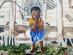 Vintage Folk Art Watercolor Painting, Young Black Boy Sitting on a Porch w/ Dog