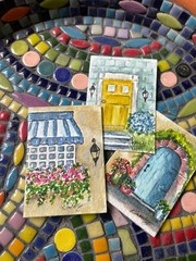 ACEO Original Blue Awning Window, Cottage, Flowers, Watercolor by Kimberly Tyson