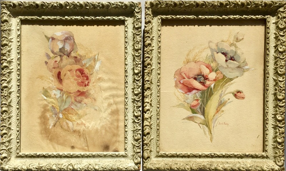 Pair Doris Perry Floral Flower Watercolor Painting Signed Art Noveau Gesso Frame