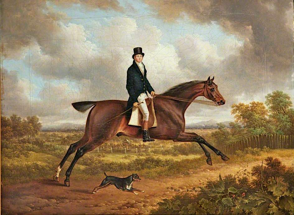 Oil painting A-Gentleman-on-a-Bay-Horse-with dog in landscape Charles-Towne art