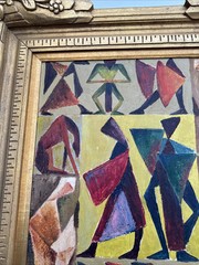 MID CENTURY PAINTING PEOPLE HORSE CUBIST CUBISM MODERNISM ANTIQUE 1940’S OIL