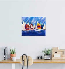 Sailboat Oil Painting Original Impasto Nautical Regatta Harbor Wall Art