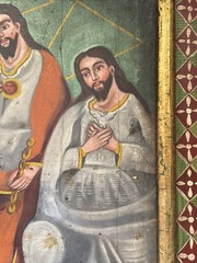 Antique Religious Icon Painting Sculpture Frame Folk Iconic Large 19th Century