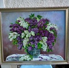 Vintage 92’ signed oil painting of a lilac bouquet in a vase. 33×27”