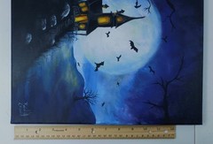 Haunted House on a Hill with Bats & full moon Original Art by Rain Crow
