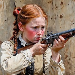 ACEO Card Redhead Girl in the1800’s defending the homestead with a rifle