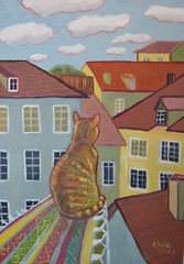Cat Original Painting 12×16” City Rooftop Old Town Scene Feline Wall Art Gift