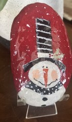Hand Painted Rock „Happy Holidays Snowman” Collectible Garden Decor Art Gift