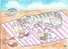 ACEO Hand Embellished Print “ The Cookie Thief“ cat mouse crab whimsical melon