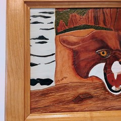 Vintage Raised Hand Tooled Leather Painting Mountain Lion Cougar Signed GM 15×12