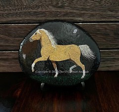 Original Pointillism Dot Painted Stone Prancing Palomino Horse by Cheryl Andrade