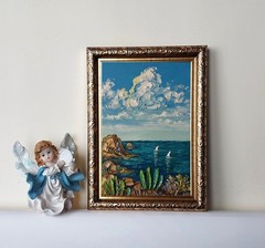 Framed Cacti Seashore Mexican Seascape Sailboats Art 4×6” Oil Painting Original