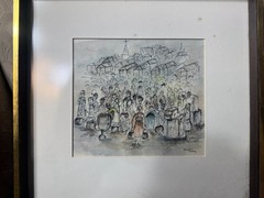 Jennifer Myerberg „Many Figures Scene“ Pen, Ink And Watercolor Painting – Framed