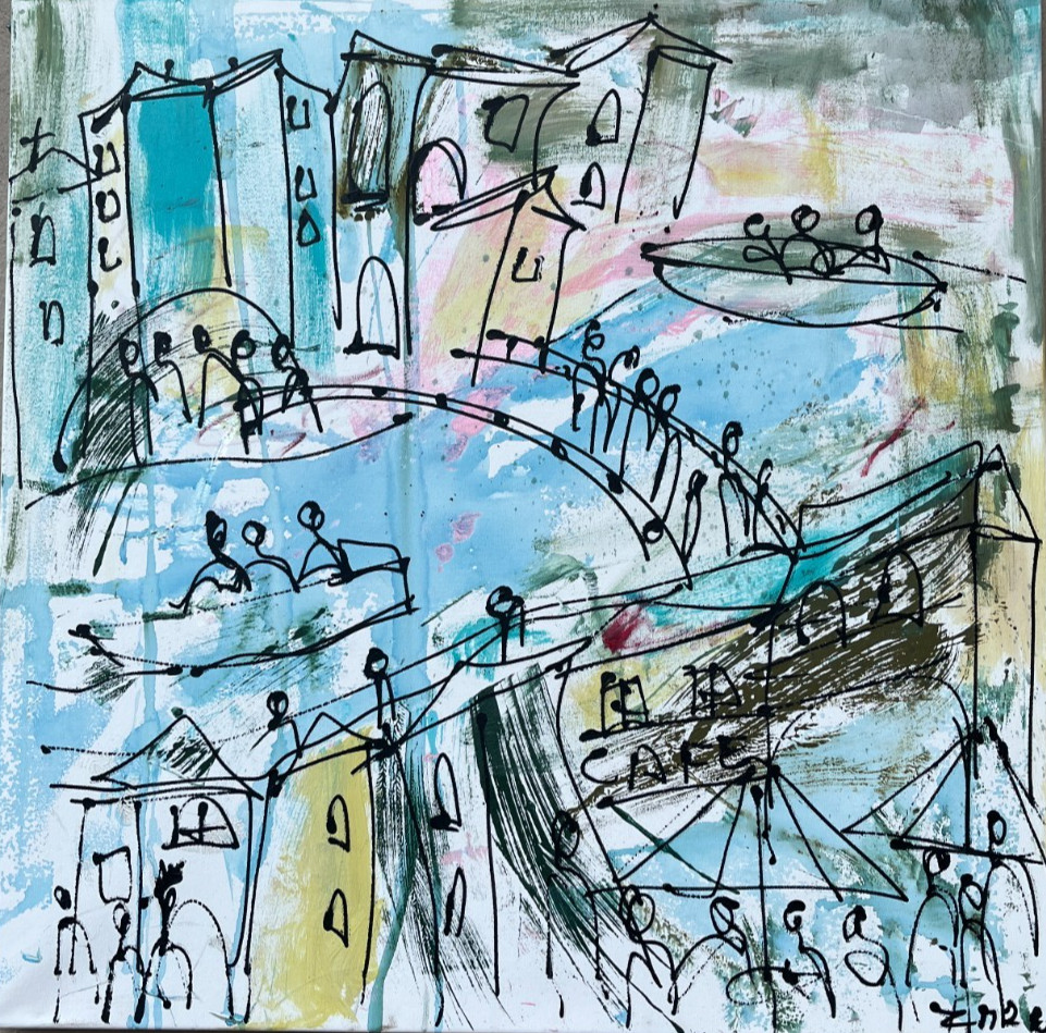 City on the River orig signed Painting 80x80cm Acrylic Picture LW Landscape Holiday Scene