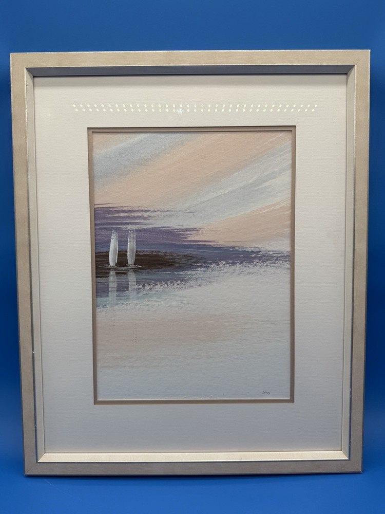 Signed Watercolor Abstract Seascape Boat Pastels Framed Nautical Wall Art 40/70