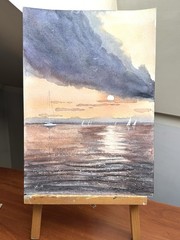 Seascape Painting yachts sunset in the reflection Original Watercolor