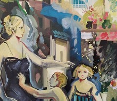 Lively Italian Village Scene Large Modern Mixed Media Painting signed
