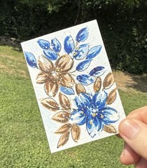 ACEO #76 Watercolor Brown & Blue Flowers and leaves. Hand Painted. Original