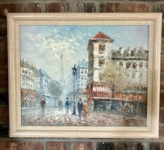 Vintage Caroline Burnett Paris Street Scene Oil on Canvas Painting Eiffel Tower