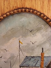 Original Painting Ocean Pier w Boats Fisherman Painted Gold Frame Strandberg Sea