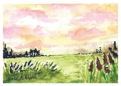 Original ACEO Watercolor 2.5 x 3.5, Signed, title: Sunrise over Lavender