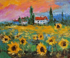 Tuscany Italy 10×12″ Sunset Oil Painting Sunflower Field 100% Handmade Original