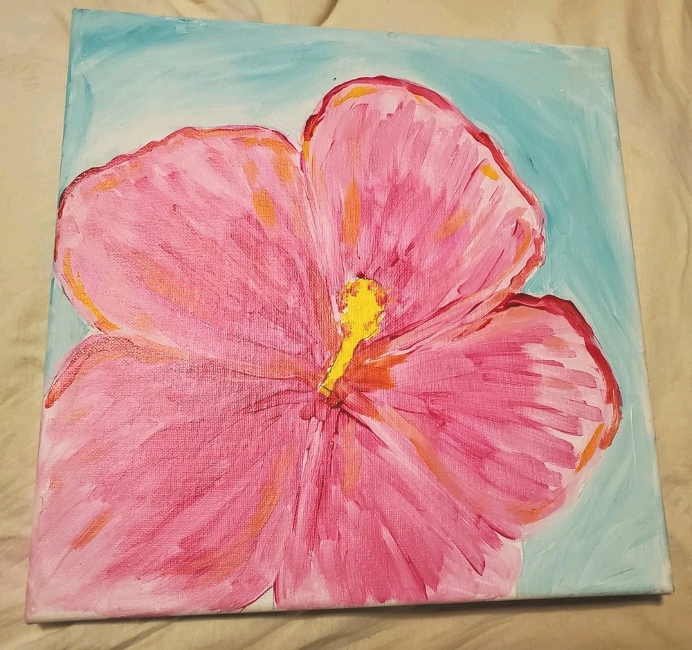 Super Rare Find Original Pink Flower Hand Painted Art Canvas 12″ x 12″ Wood