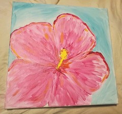 Super Rare Find Original Pink Flower Hand Painted Art Canvas 12″ x 12″ Wood