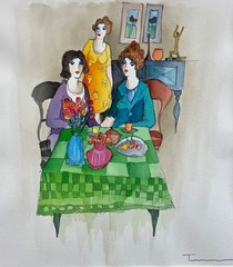 Itzchak Tarkay „Sunday Brunch“ Hand Signed Watercolor Framed Art Women NEW