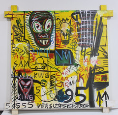 JEAN-MICHEL BASQUIAT ACRYLIC ON CANVAS 1982 WITH TIED WOOD SUPPORTS 35 X 35 in