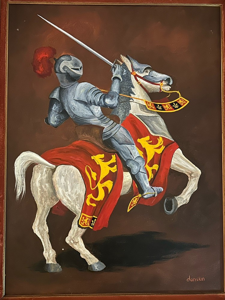 Original MCM Oil Listed RICHARD DANSKIN Medieval MOUNTED KNIGHT FRAME 46” X 36”