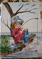 Cartoon Boy Fishing Art Original Ooak Small Painting On Wood 7″ X 5″ Signed Ann
