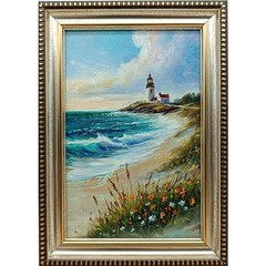 Lighthouse Original Oil Painting 4×6 Framed Signed Ocean Beach Coast Wall Art
