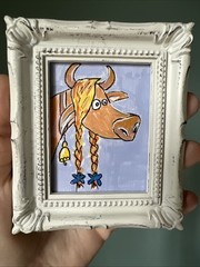 Funny Cow,whimsical ,funny,cute,original,miniature Painting,small,mini,framed